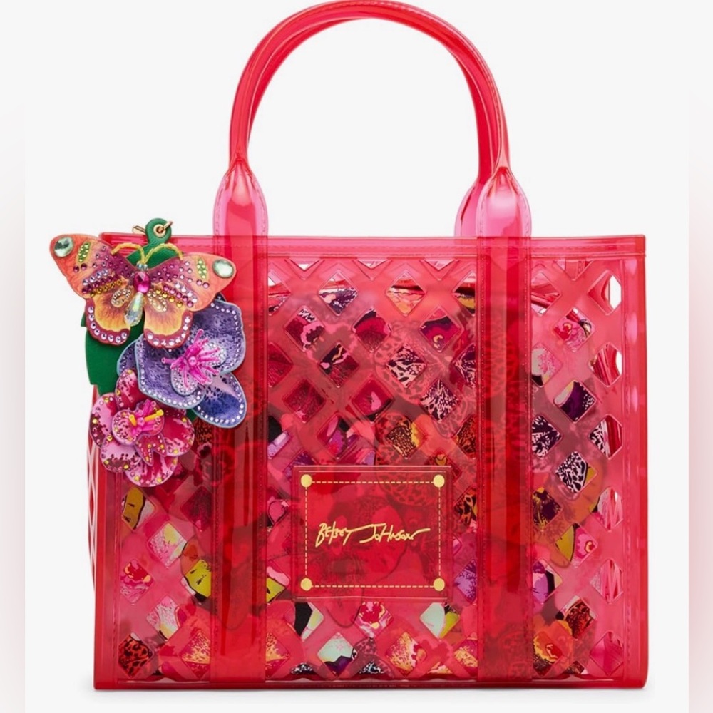 Betsey Johnson Pink Red Lattice Floral Butterfly Tote